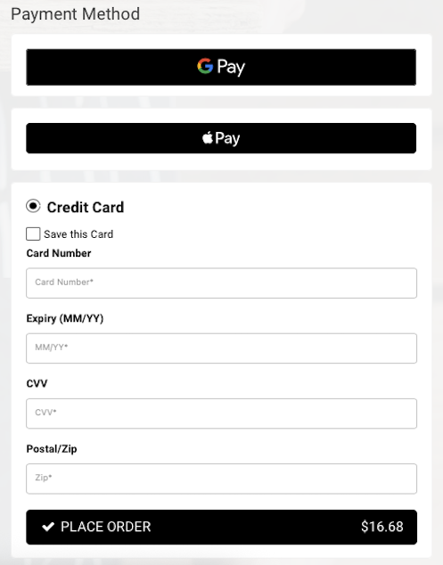Clover eCommerce card checkout showing Google Pay, Apple Pay and credit card fields